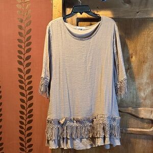 Indigo Soul Taupe Mini Dress with Fringe Accents